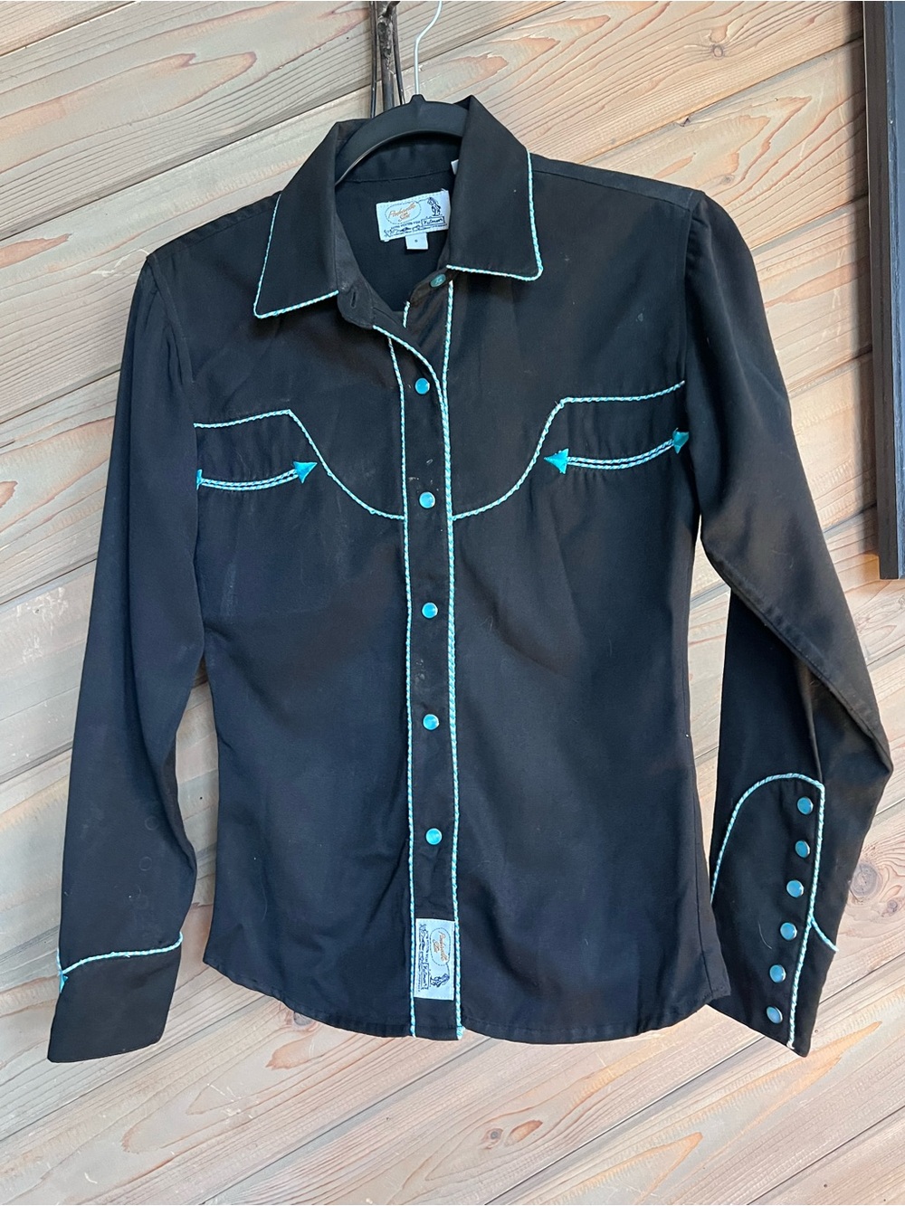 Panhandle Slim Vintage look Western Snap-Front Shirt with Teal/White Stitching S